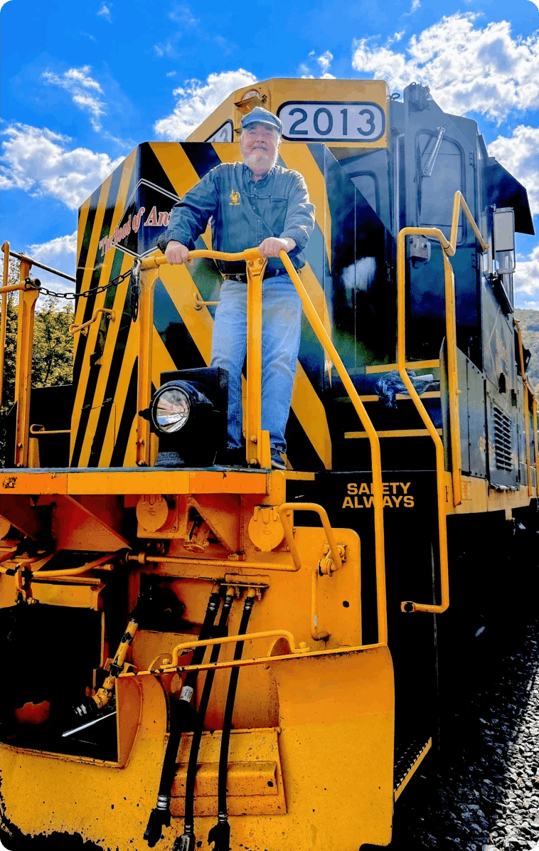 Colorful bar stools and train engineer