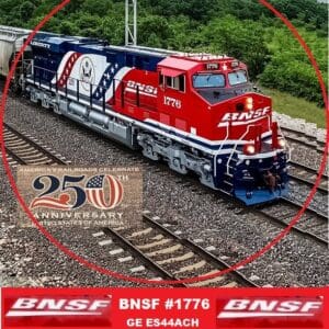Patriotic red, white, blue BNSF locomotive #1776