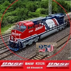 BNSF locomotive painted red, white, and blue