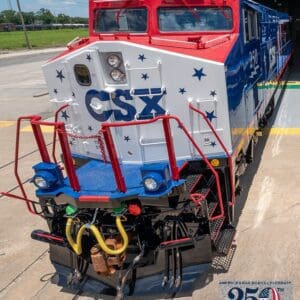 Patriotic red, white, and blue CSX locomotive