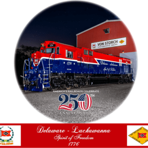 Red, white, and blue anniversary locomotive