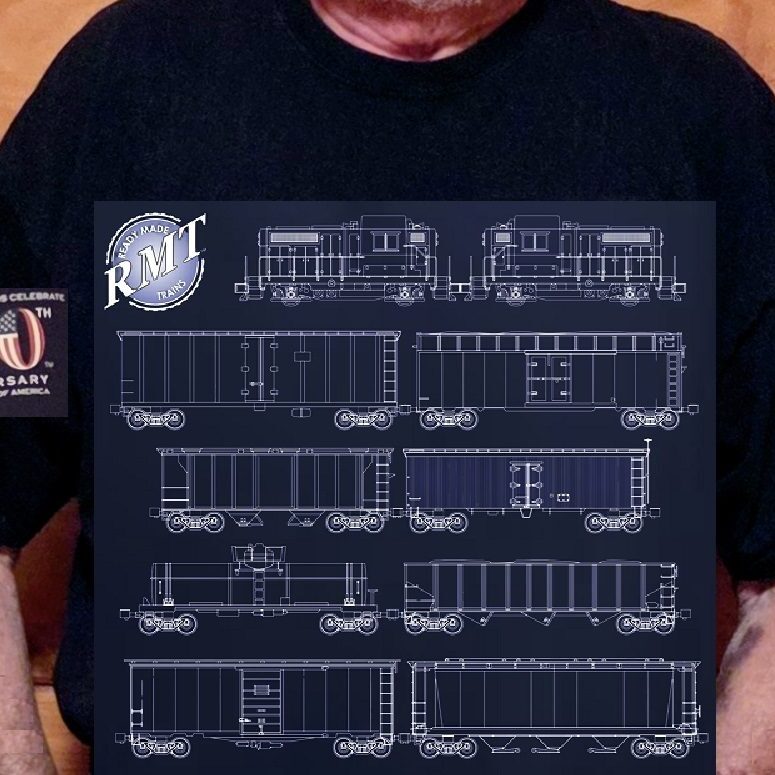 T-shirt with blueprint drawings of train cars